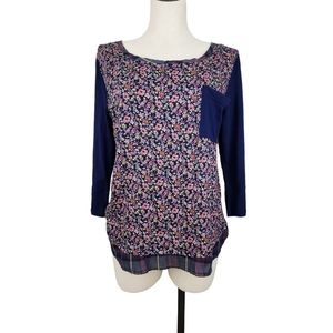 Postmarked Anthropologie Women's Sz XL Blue Floral Print 3/4 Sleeve Pock…